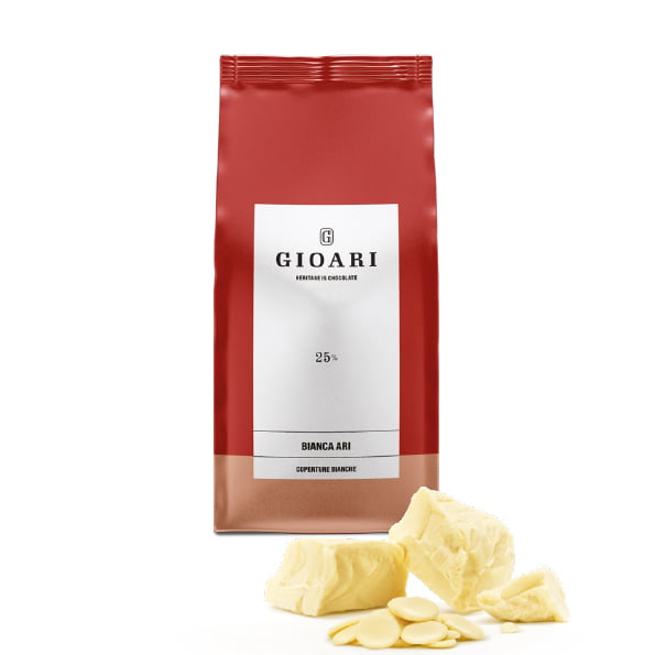 VIT CHOKLAD 25% BIANCA ARI GIOARI 3KG. Vit choklad med distinkta toner av karamell, doftande med vanilj, vilket ger en perfekt rundhet och balanserad sötma.