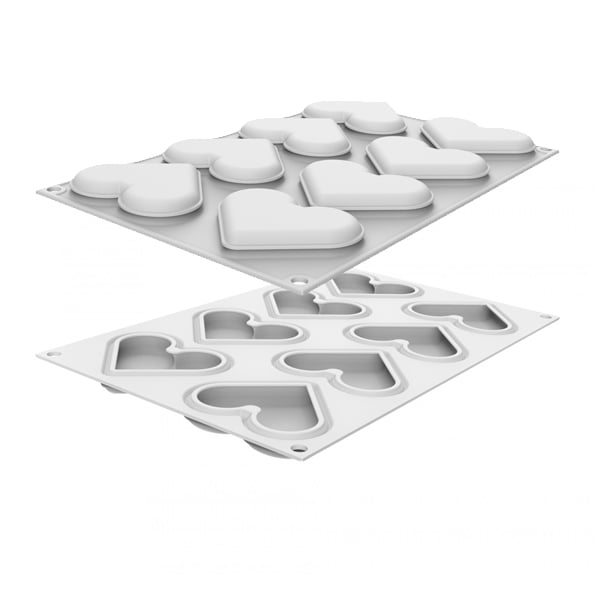 Formen: LEVEL HEARTS 35ml - Silikonform med dubbelsidig utstickare Mått:80mm x 66mm x h12mm Volym: 35ml Gjutningar: 8st Totalvolym: 280ml